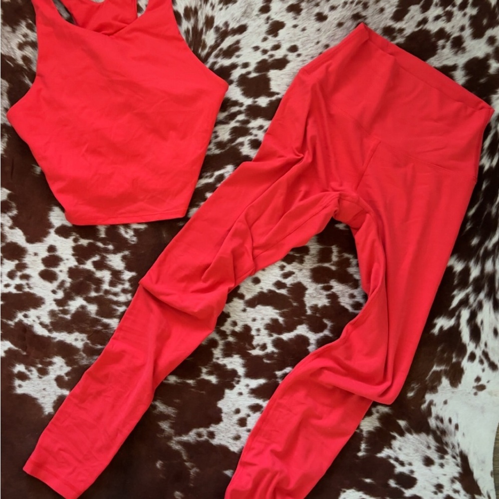 Red High-Waist Active Leggings with Matching Crop Tank with shelf bra